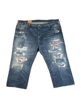 Polo Ralph Lauren Mens 50x24 Blue Distressed Patchwork Denim Jeans Relaxed NWT
